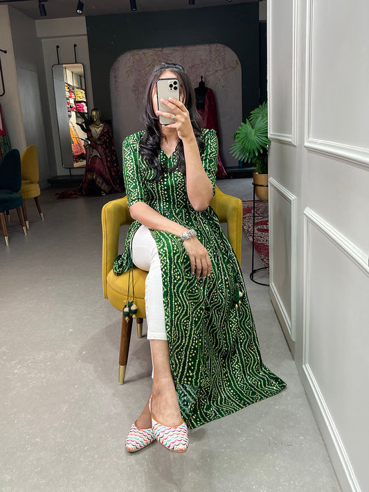Green Color Foil and Printed Pure Cotton Kurti