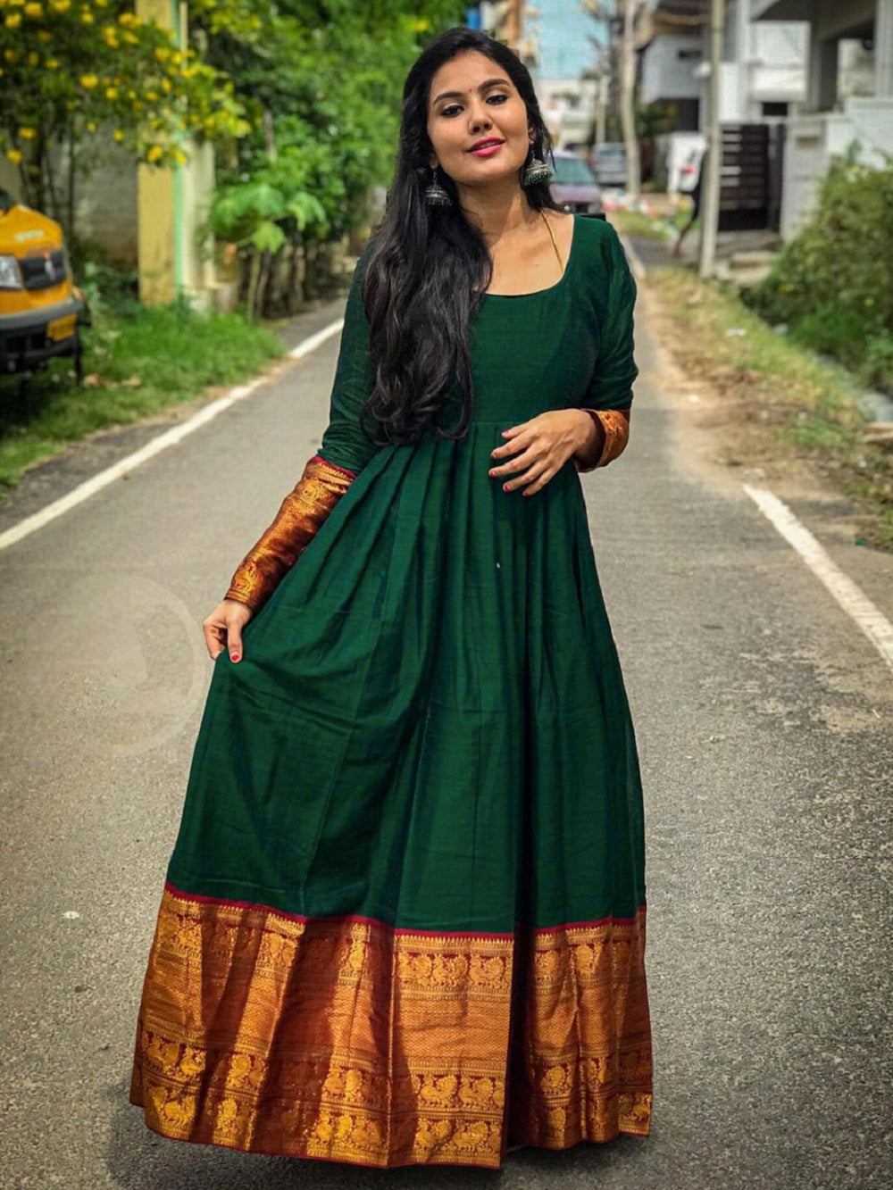Green Color Weaving Zari Work Jacquard Dress