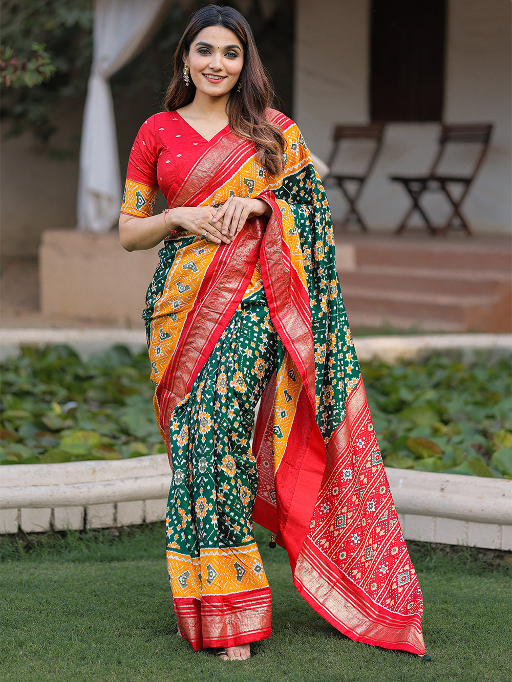 Green Color Patola with Foil Printed Dola Silk Saree