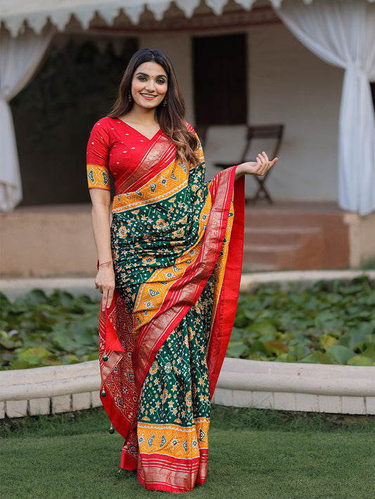 Green Color Patola with Foil Printed Dola Silk Saree