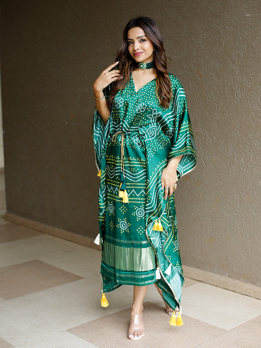 Green Color Digital Bandhej Print Pure Gaji Silk Kaftan