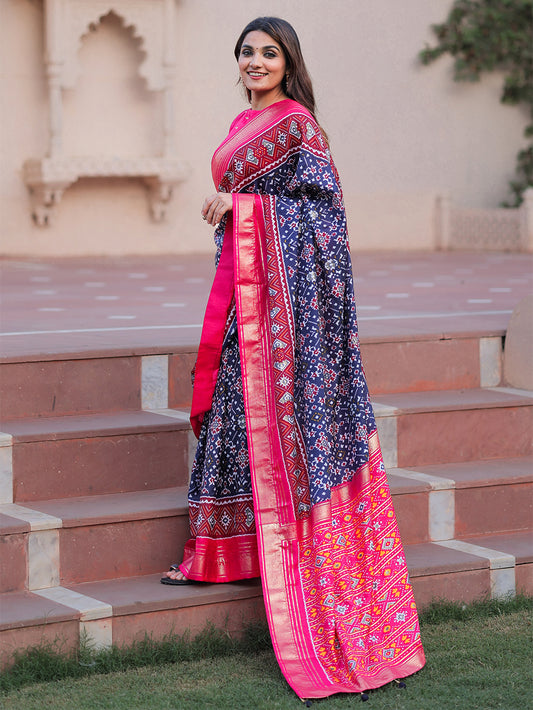 Navy Blue Color Patola with Foil Printed Dola Silk Saree