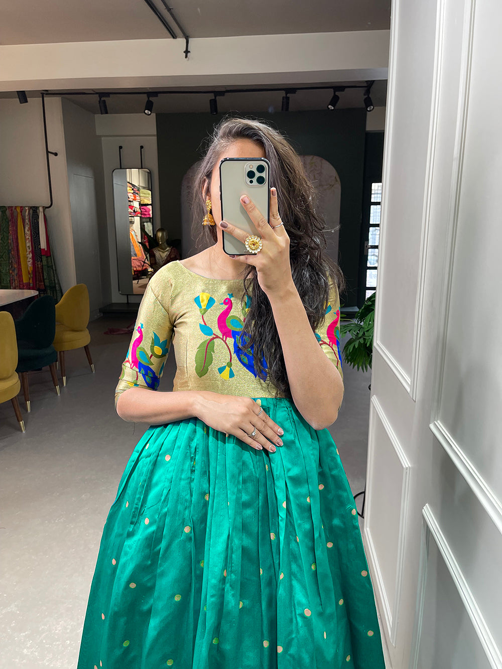 Bottle Green Color Weaving Zari Work Jacquard Silk Paithani Dress