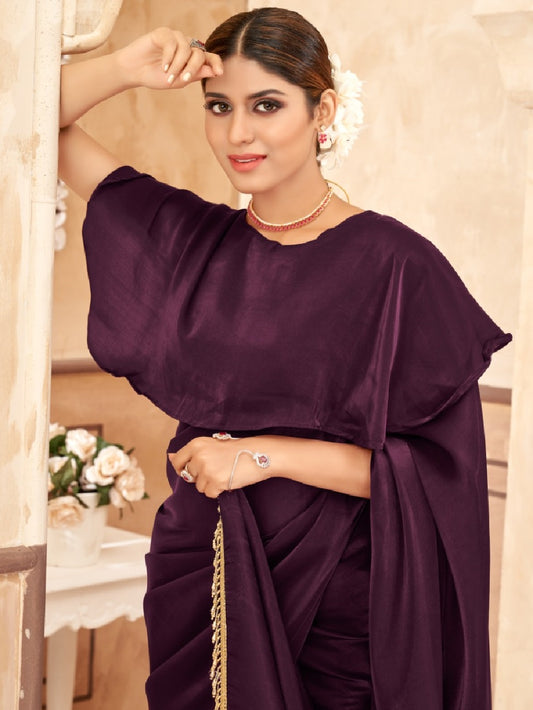 Wine Color  Jimi Silk Saree With Pallu Lace Border
