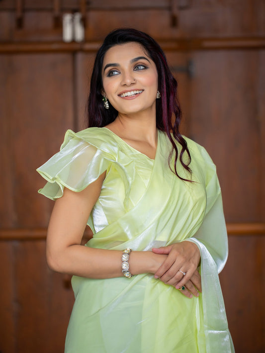 Pista Color Pallu Lace Border Jimi Silk Saree