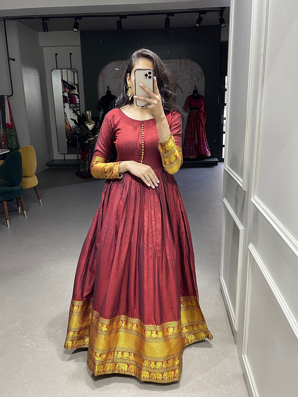 Maroon Color Zari Weaving Work Narayan Pet Cotton Dress