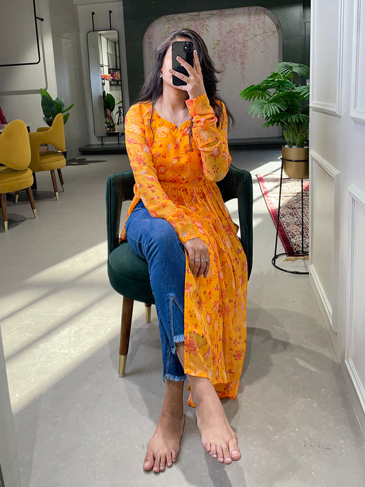 Yellow Color Floral Printed Georgette Material Naira Cut Kurti