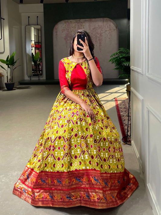 Mehendi Color Patola Paithani Printed And Foil Printed Silk Gown