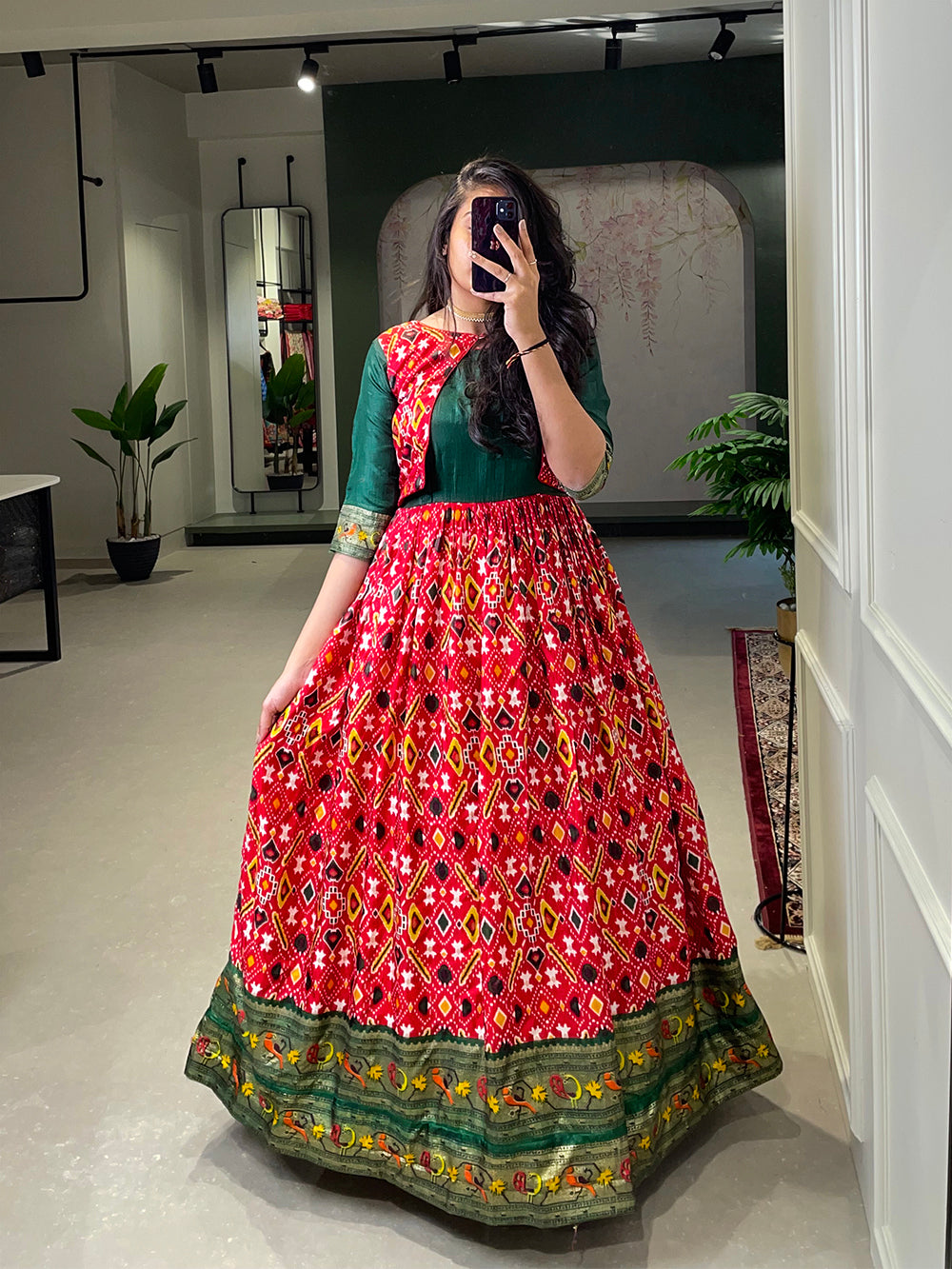 Red Color Patola Paithani Printed And Foil Printed Silk Dress