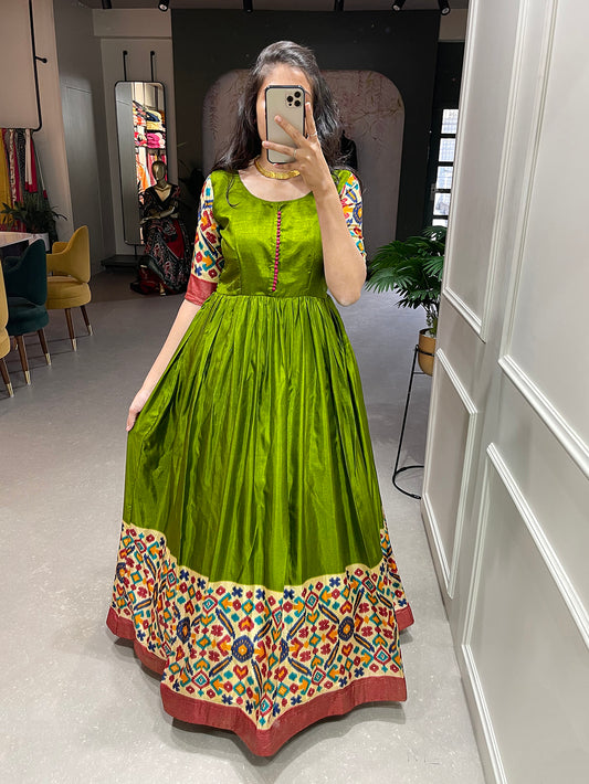 Mehendi Color Foil Printed Dola Silk Dress