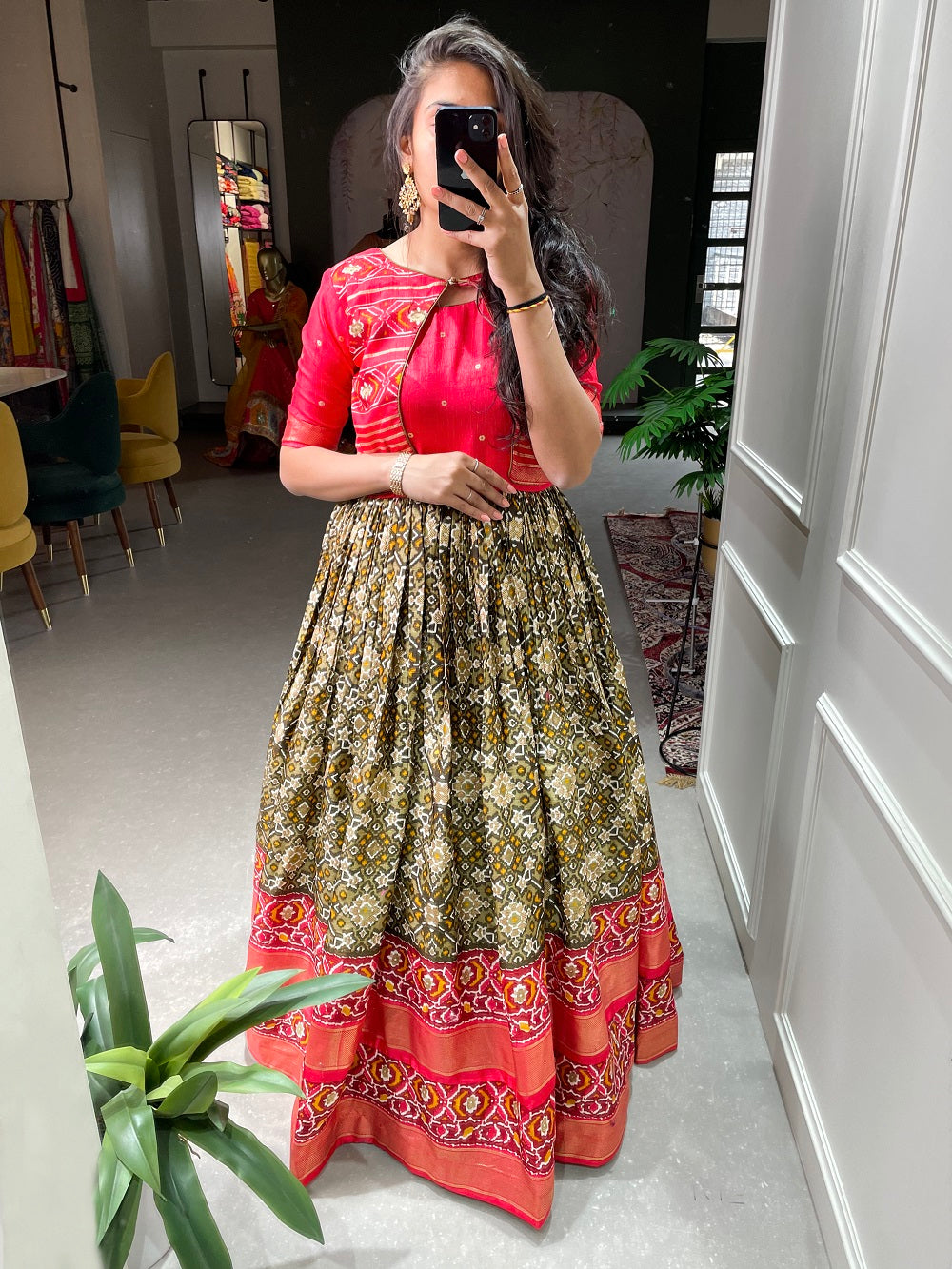Mehndi Color Patola Paithani Printed And Foil Printed Dola Silk Dress