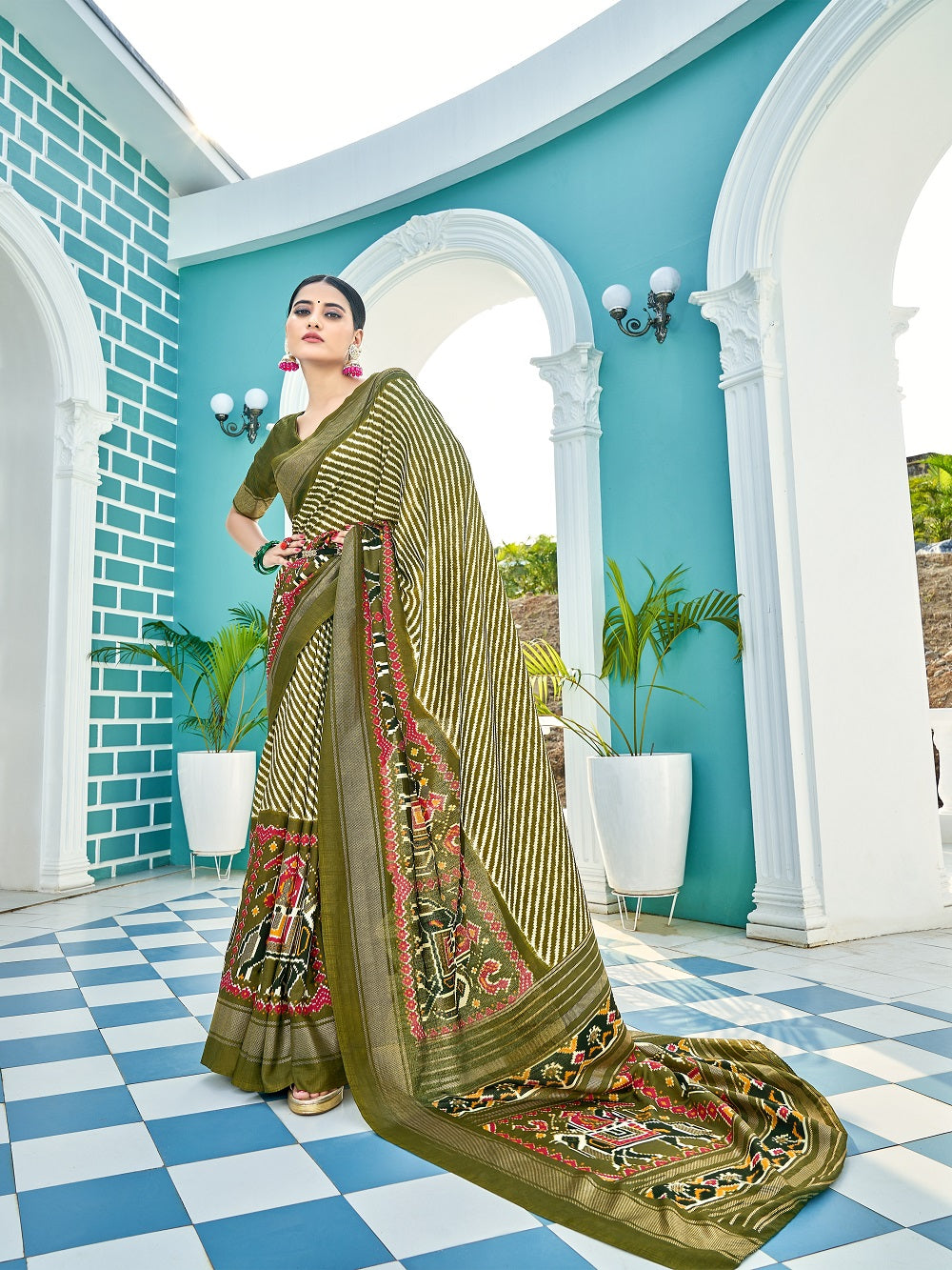 Mehndi Color Patola Printed Dola Silk Saree