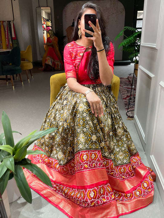 Mehndi Color Patola Paithani Printed And Foil Printed Dola Silk Dress