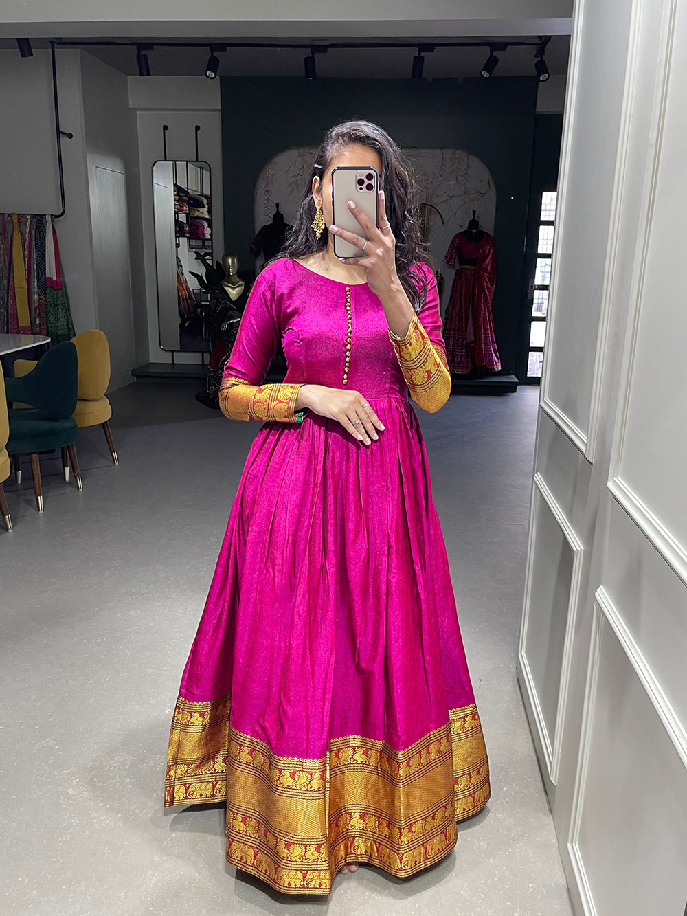 Pink Color Zari Weaving Work Narayan Pet Cotton Dress