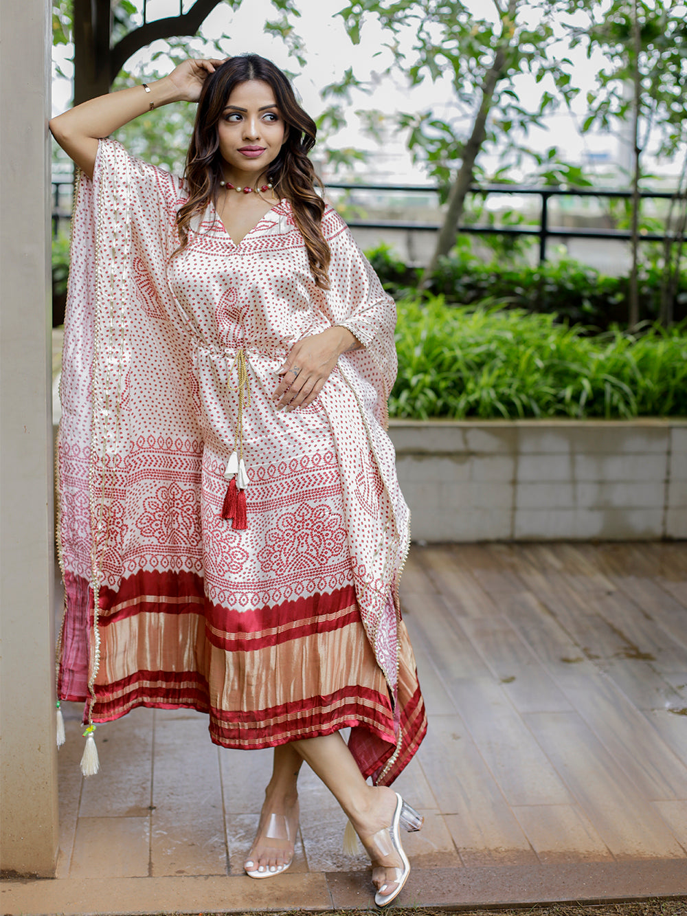 Off White Color Digital Bandhej Print Gaji Silk Kaftan