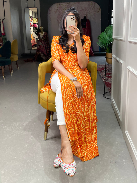 Orange Color Foil and Printed Pure Cotton Kurti
