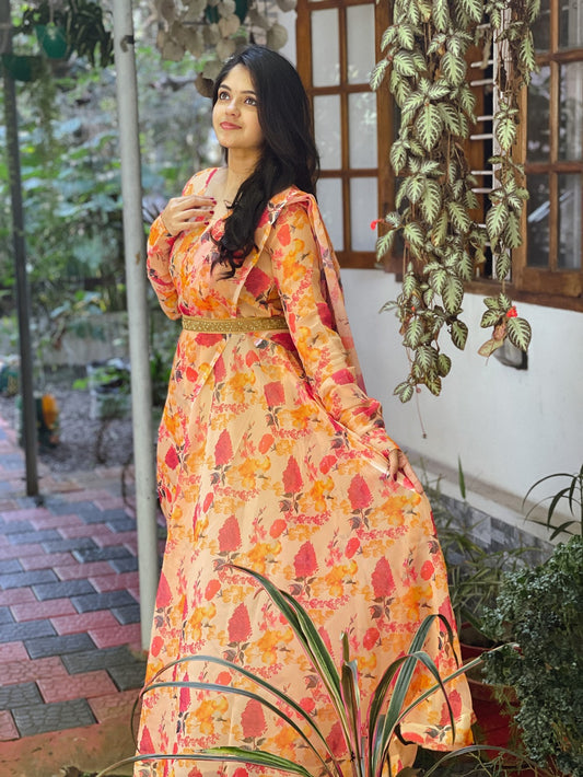 Orange Color Printed Georgette Dress