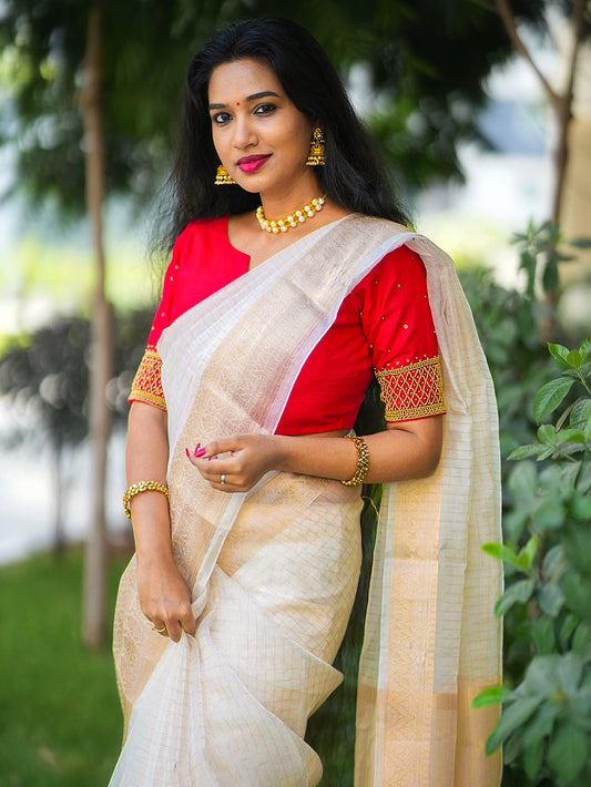 White Color Weaving Zari Work Organza Chex Saree