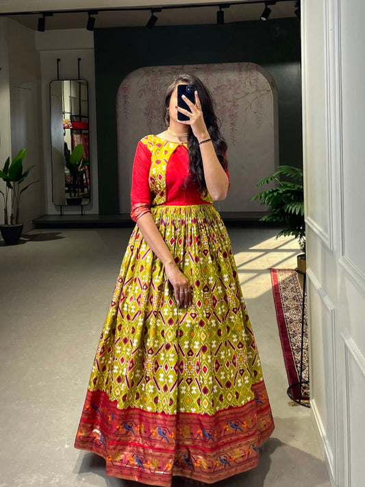 Mehendi Color Patola Paithani Printed And Foil Printed Silk Gown