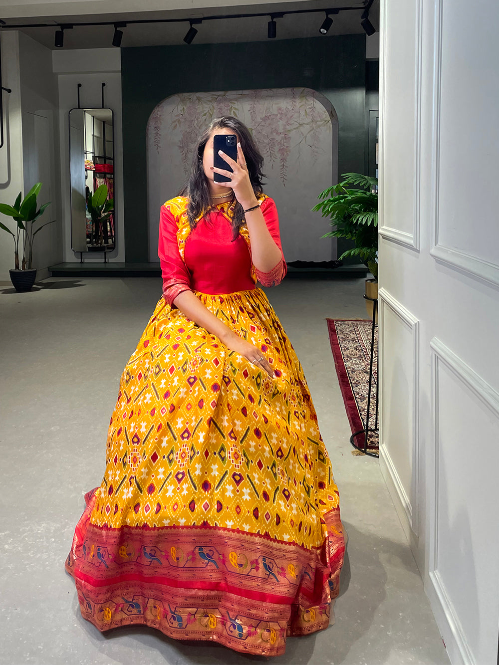 Yellow Color Patola Paithani Printed And Foil Printed Dola Silk Dress