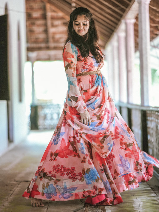 Peach Color Digital Printed Georgette Dress