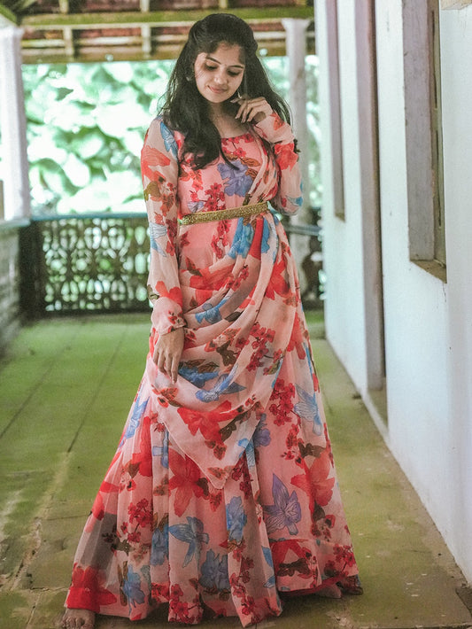 Peach Color Digital Printed Georgette Dress