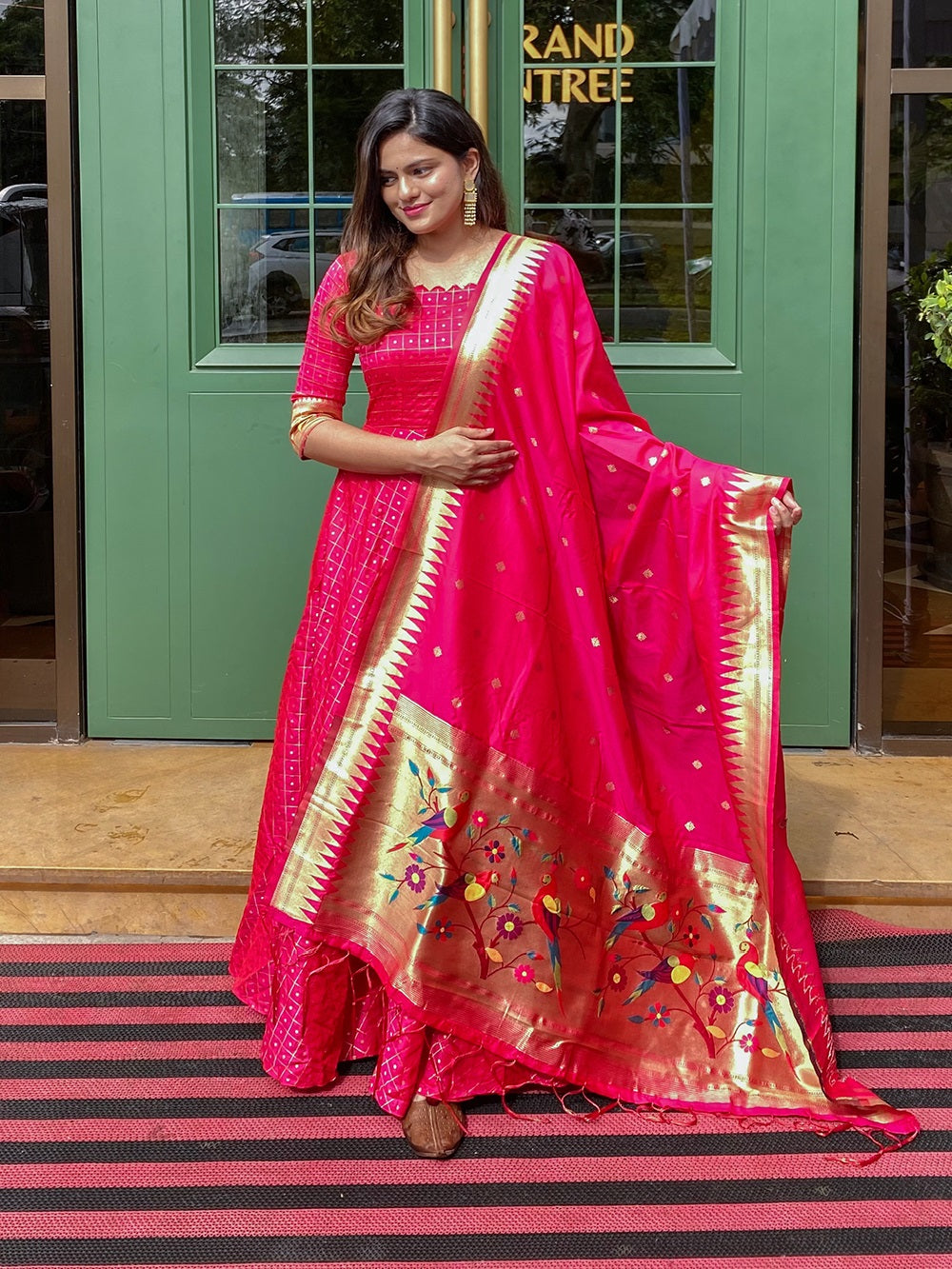 Pink Color Weaving Work Jacquard Silk Dress