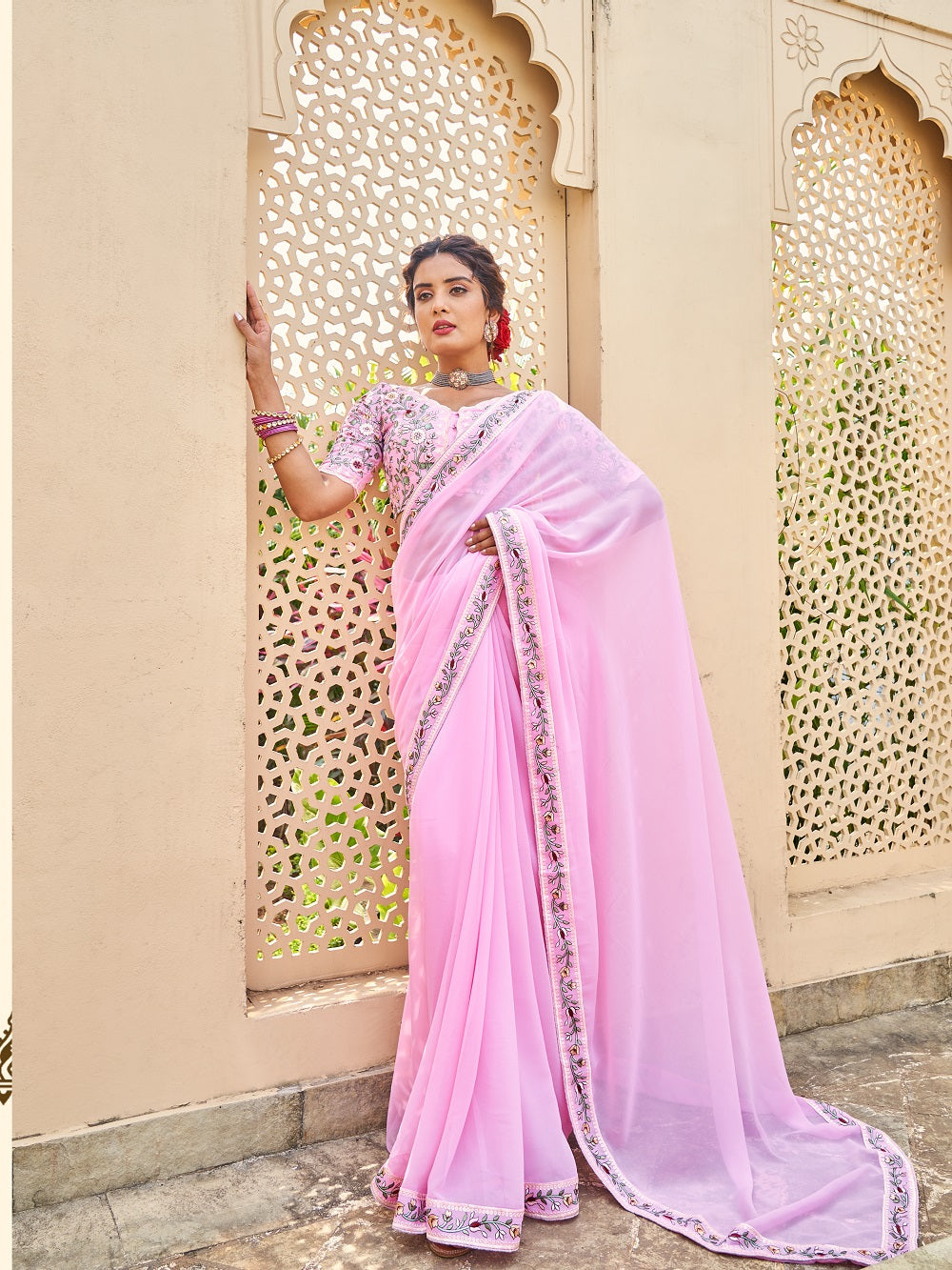 Pink Color Thread And Sequins Embroidery Border Georgette Saree