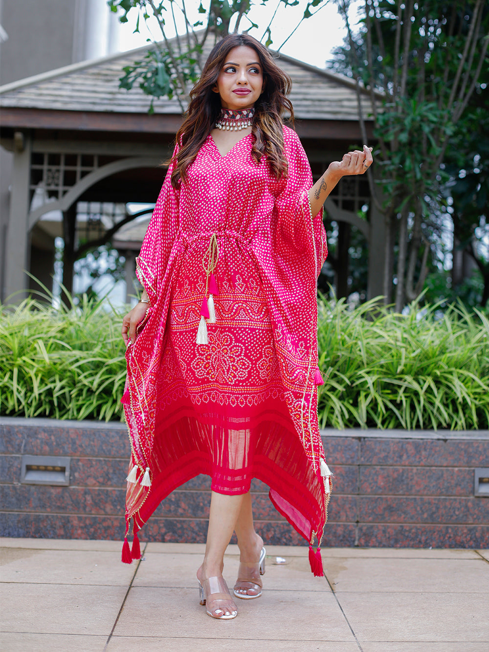 Pink Color Digital Bandhej Print Pure Gaji Silk Kaftan