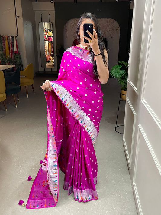 Pink Color Zari Weaving Work Pure Viscose Saree