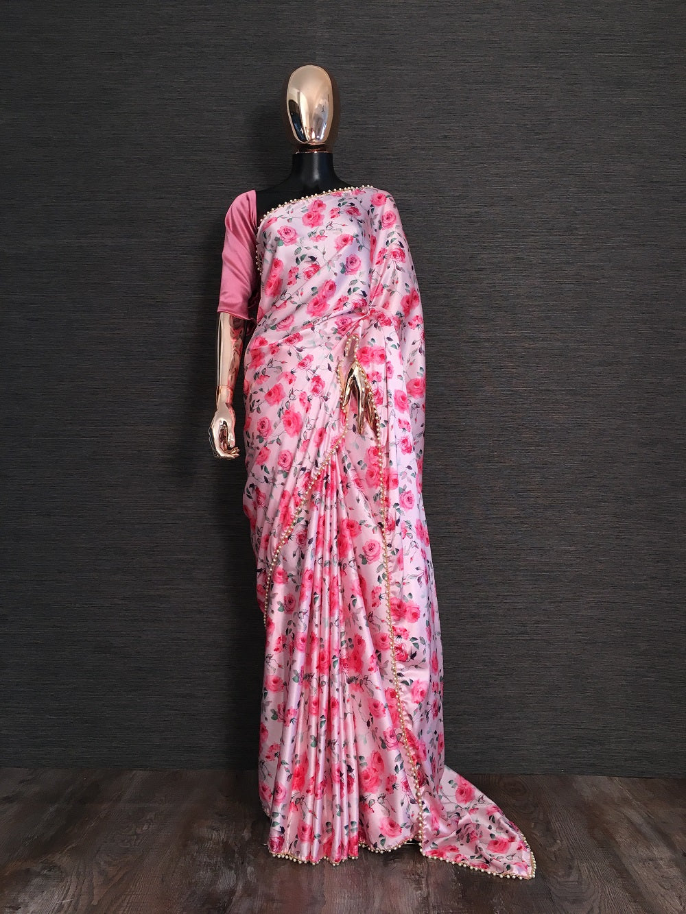 Pink Color Digital Printed Heavy Japan Satin Saree