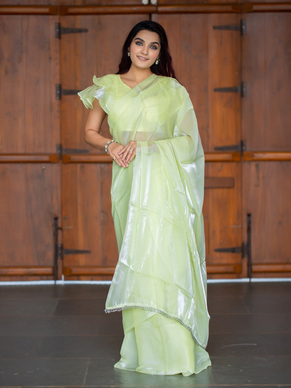 Pista Color Pallu Lace Border Jimi Silk Saree