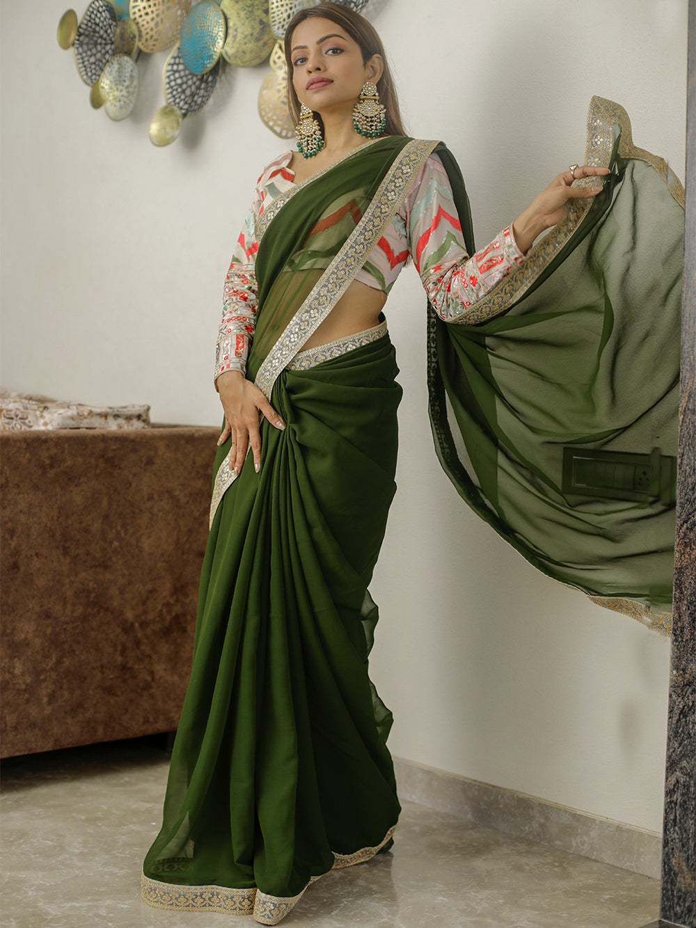 Mehndi Color Sequins &Thread Embroidery Lace Border Work Georgette Saree