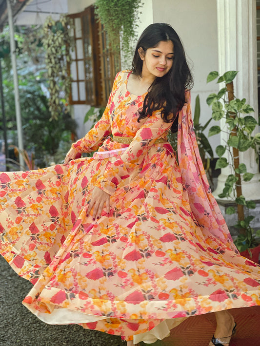 Orange Color Printed Georgette Dress