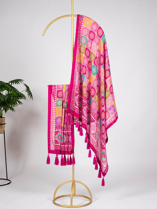 Pink Color Sequins and Thread Work Pure Chinon Dupatta