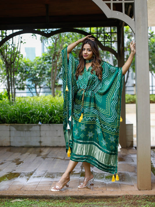 Green Color Digital Bandhej Print Pure Gaji Silk Kaftan