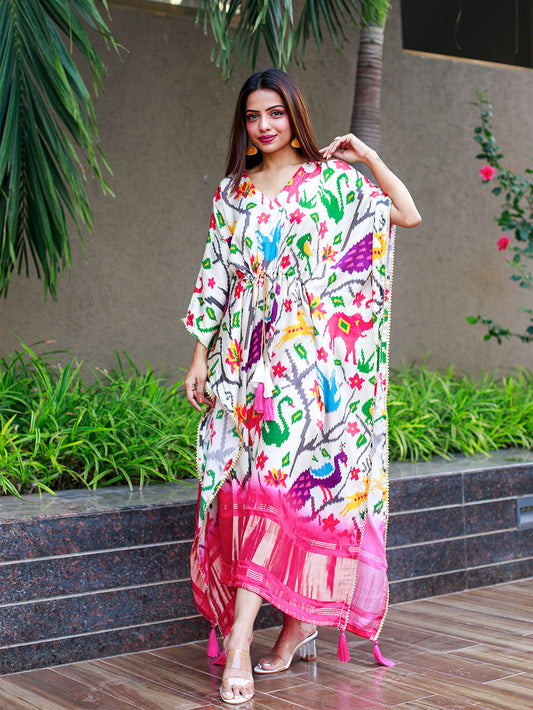 White Color Digital Bandhej Print Pure Gaji Silk Kaftan