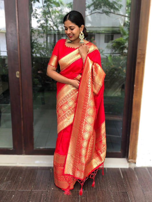 Red Color Weaving Zari Work Banarasi Soft silk Saree