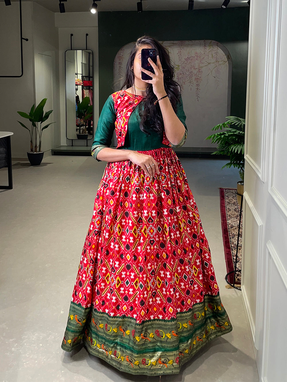 Red Color Patola Paithani Printed And Foil Printed Silk Dress