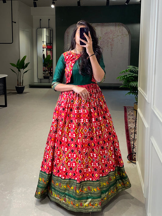 Red Color Patola Paithani Printed And Foil Printed Silk Dress