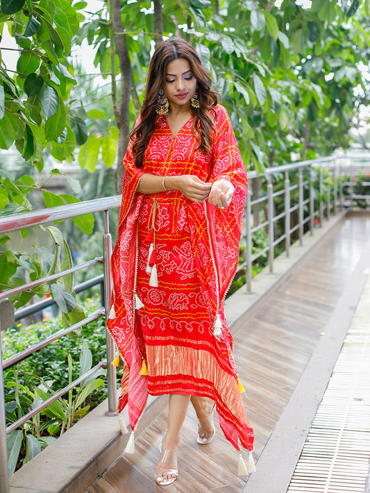 Red Color Digital Bandhej Print Pure Gaji Silk Kaftan