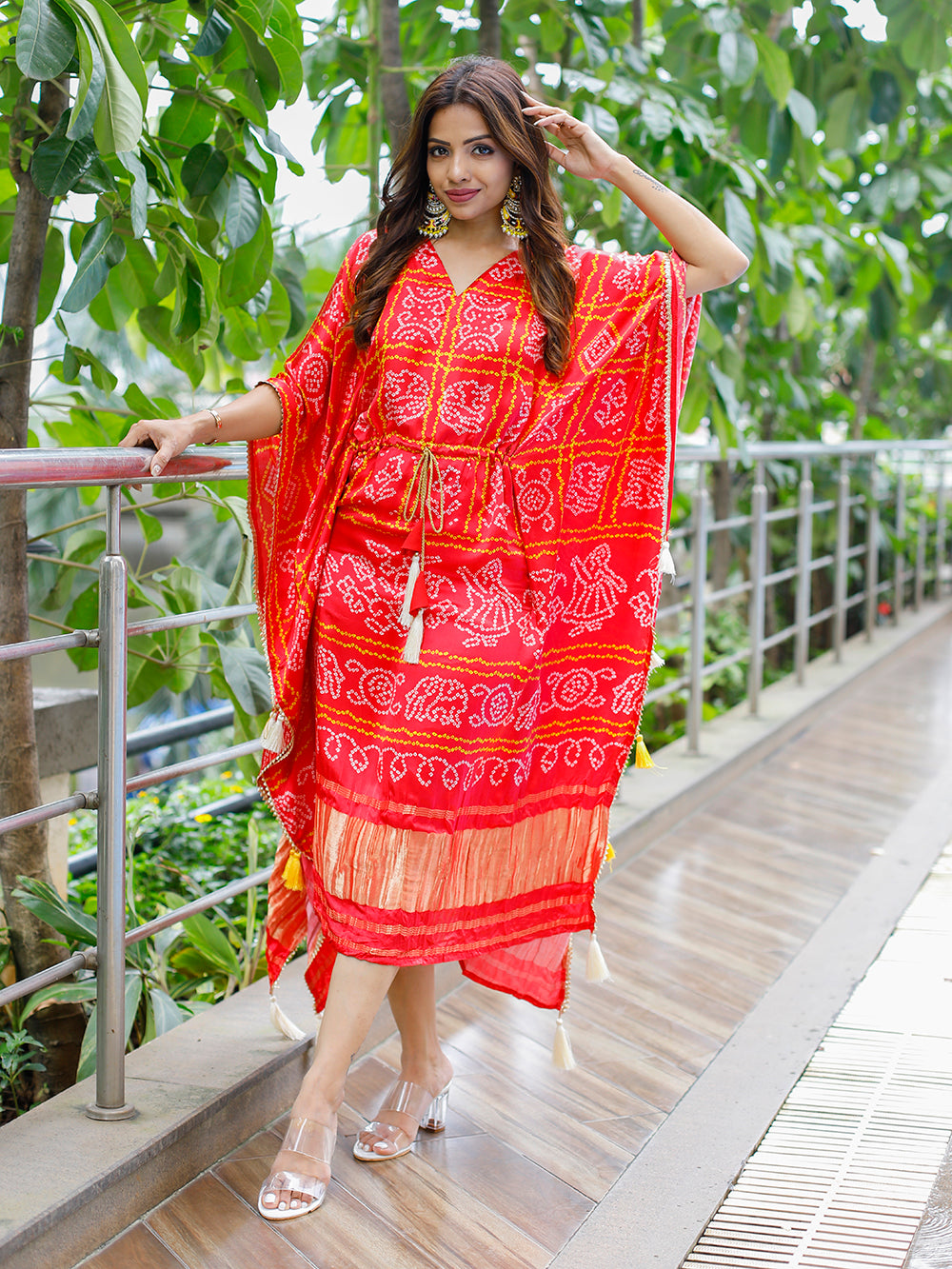 Red Color Digital Bandhej Print Pure Gaji Silk Kaftan