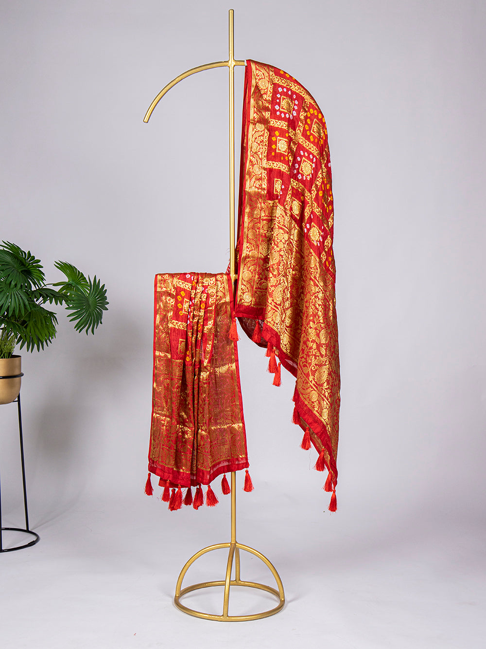 Red Color Zari Weaving Work Original Bandhej Silk Dupatta