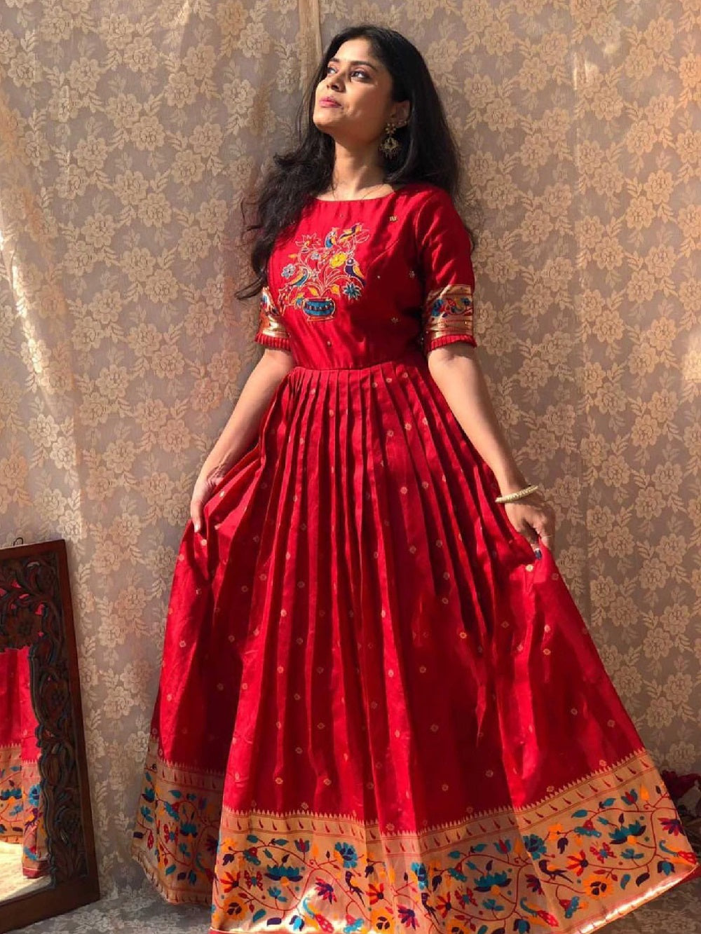 Red Color Banarasi Silk Weaving Zari Work Pethani Gown