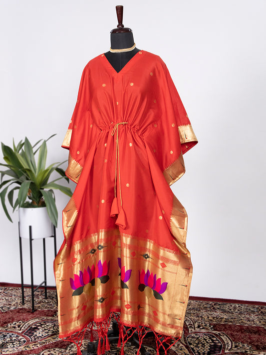 Red Color Weaving Zari Work Jacquard Paithani Kaftan Dress