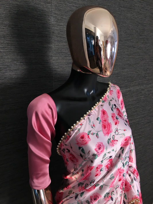 Pink Color Digital Printed Heavy Japan Satin Saree
