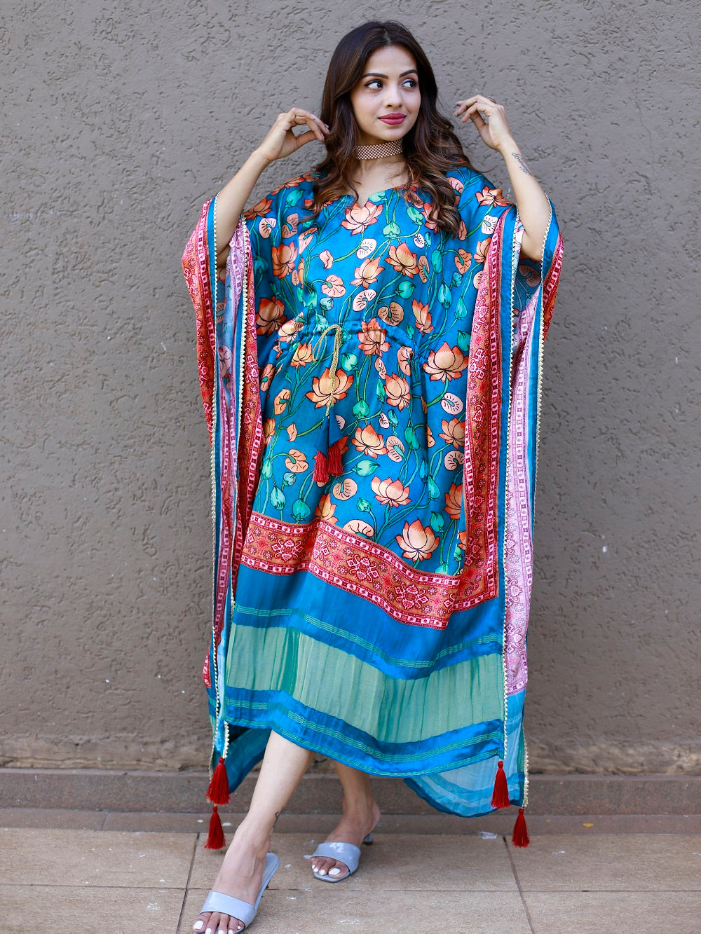 Teal Color Digital Printed Pure Gaji Silk Kaftan