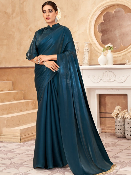 Teal Color Jimi Silk Saree With Pallu Lace Border