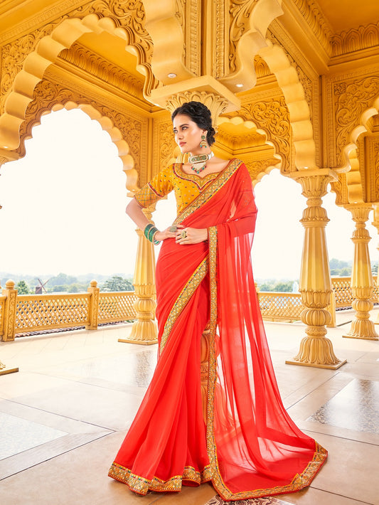 Tomato Color Georgette Material Saree