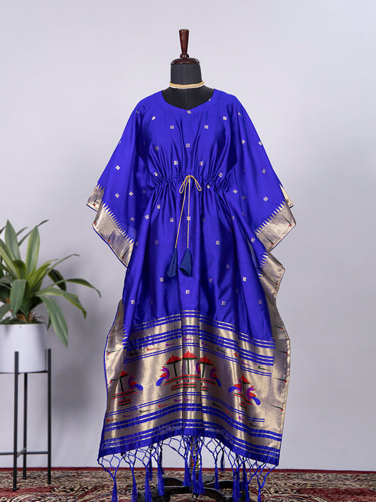 Blue Color Weaving Zari Work Jacquard Paithani Kaftan